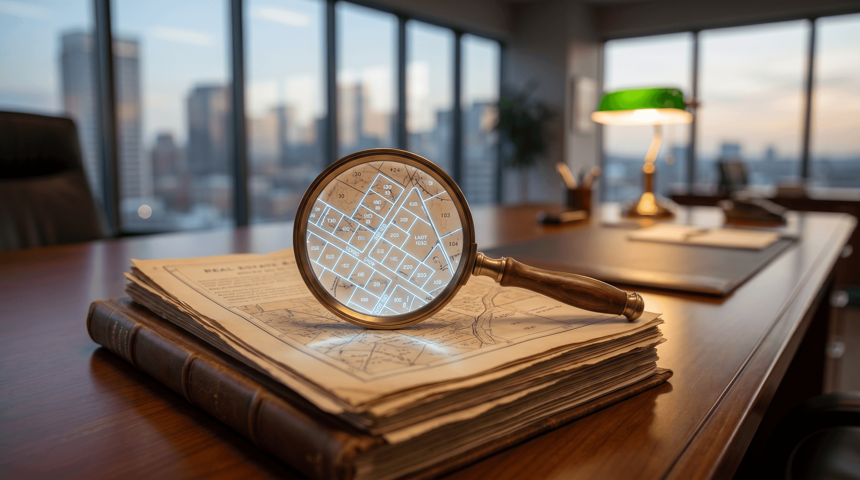 Katastr nemovitostí – lupa nad mapou parcel na stole realitního makléře