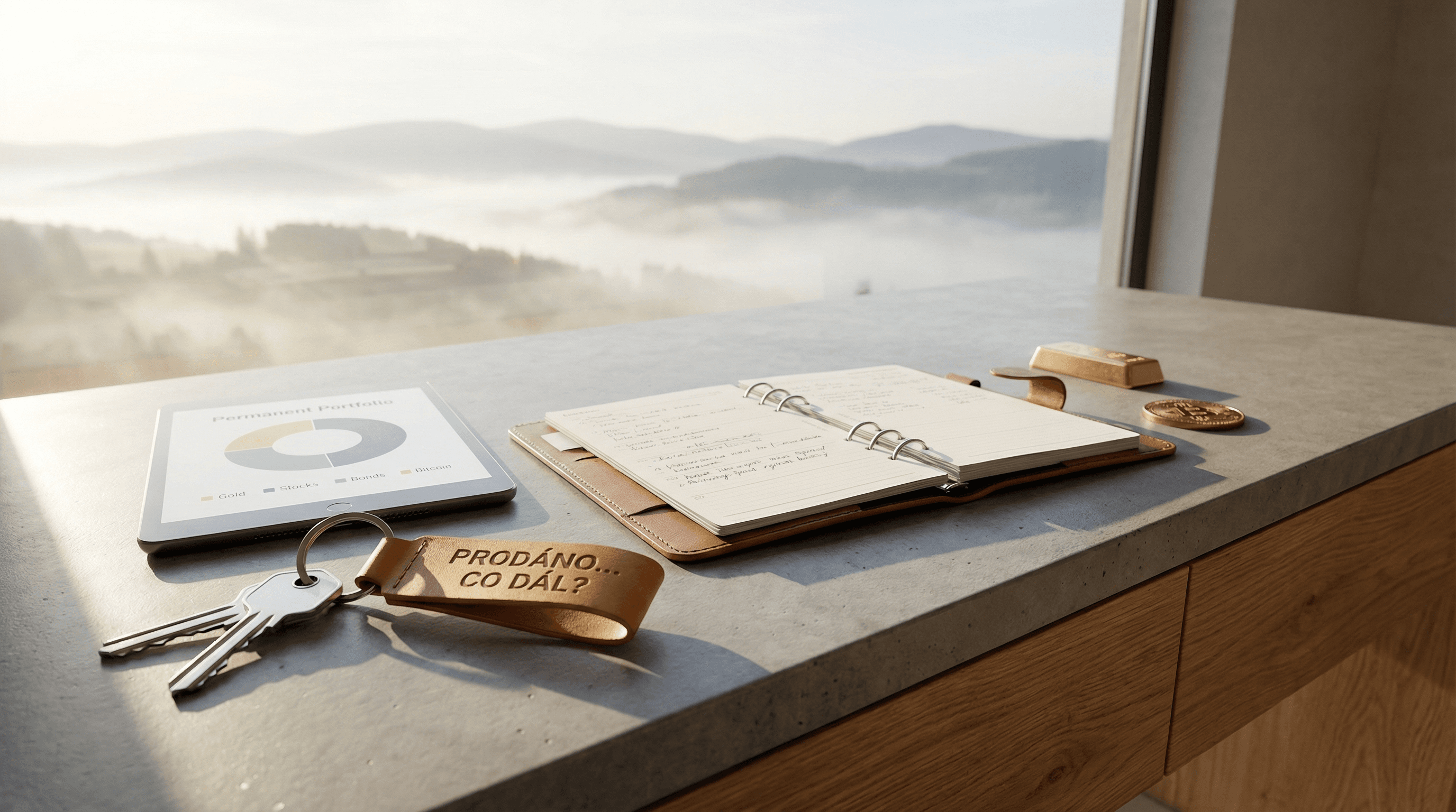 Prodáno, co dál – klíče od nemovitosti, zápisník a tablet s Permanentním portfoliem